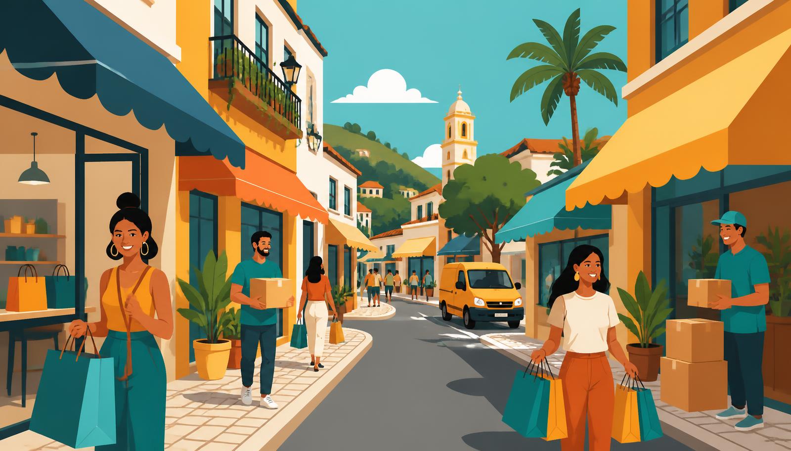 Ilustração do comércio local de Jaru com sacolas e lojas